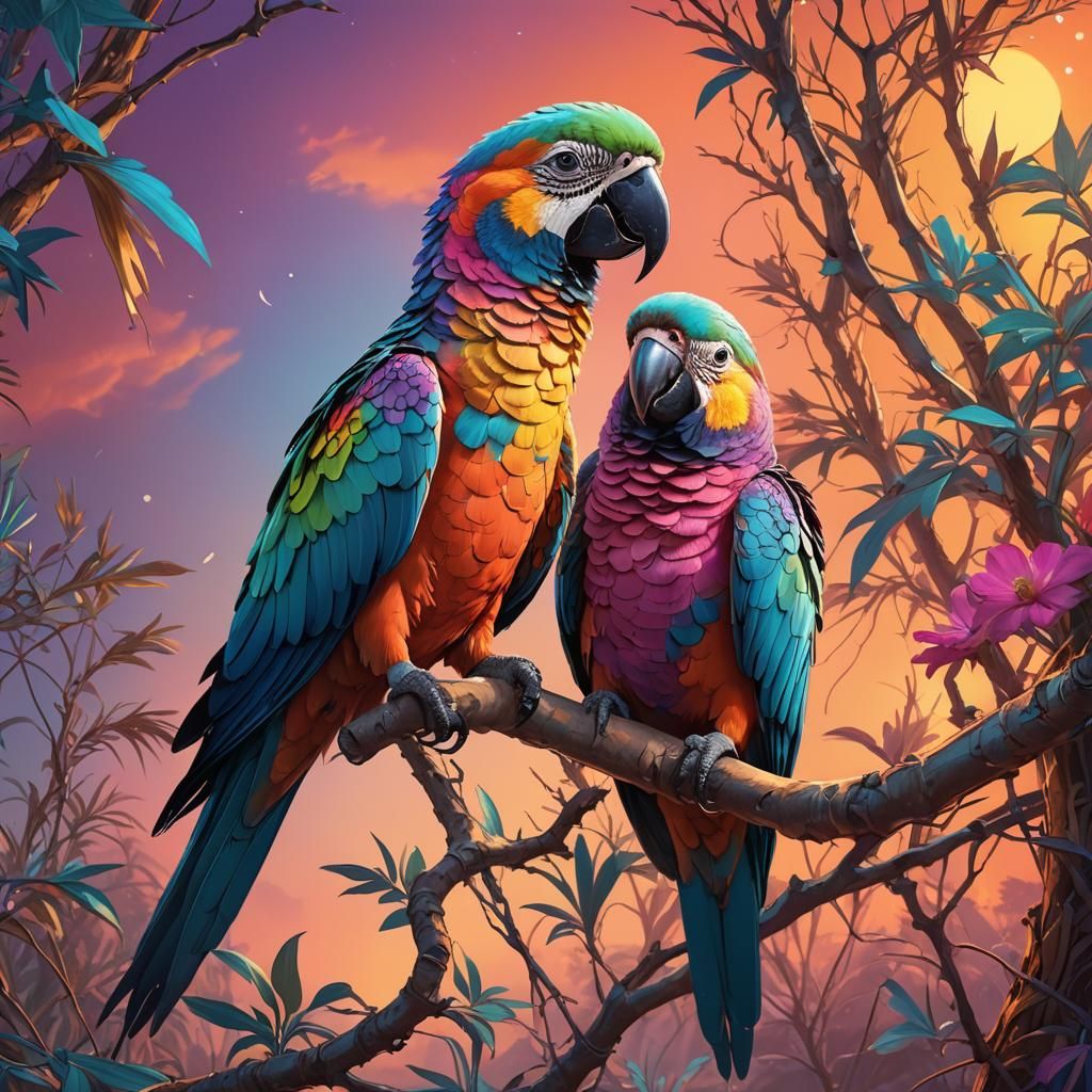 Colorful Parrot at Sunset: Fantasy Concept Art