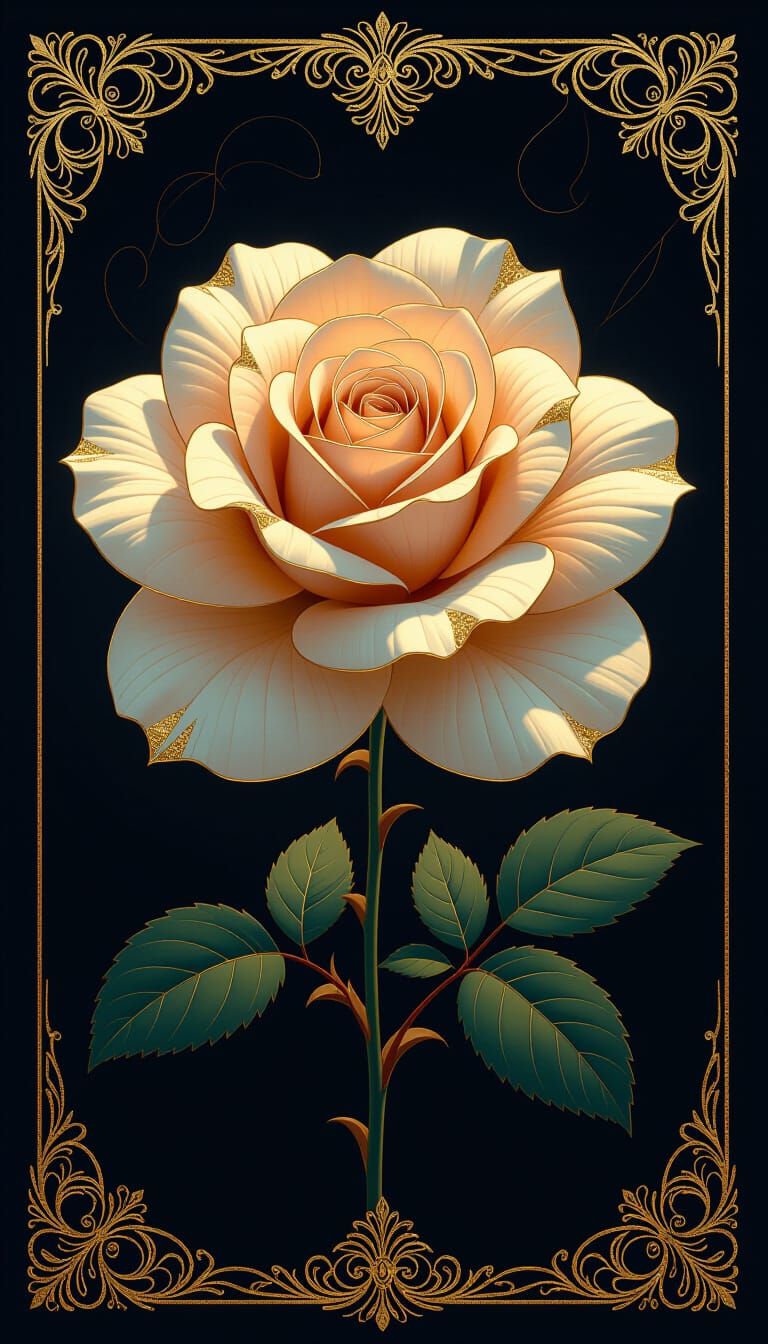 Rose With Gold Leaf in Detailed Gilded Style