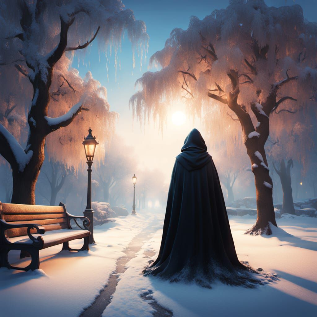 Mysterious Woman in Snowy Night Scene, Oil on Canvas, Realis...