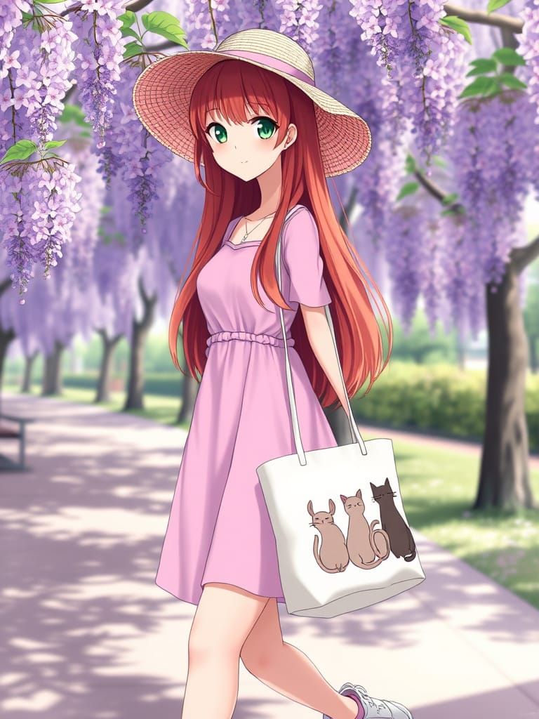 Japanese Woman Walking in Wisteria Bloomed Park in Hyper Rea...