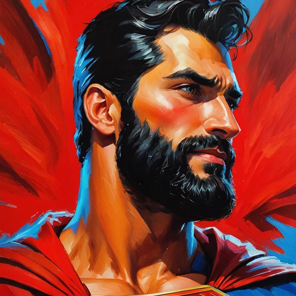 Handsome Superman Portrait in Impressionist Gouache Style