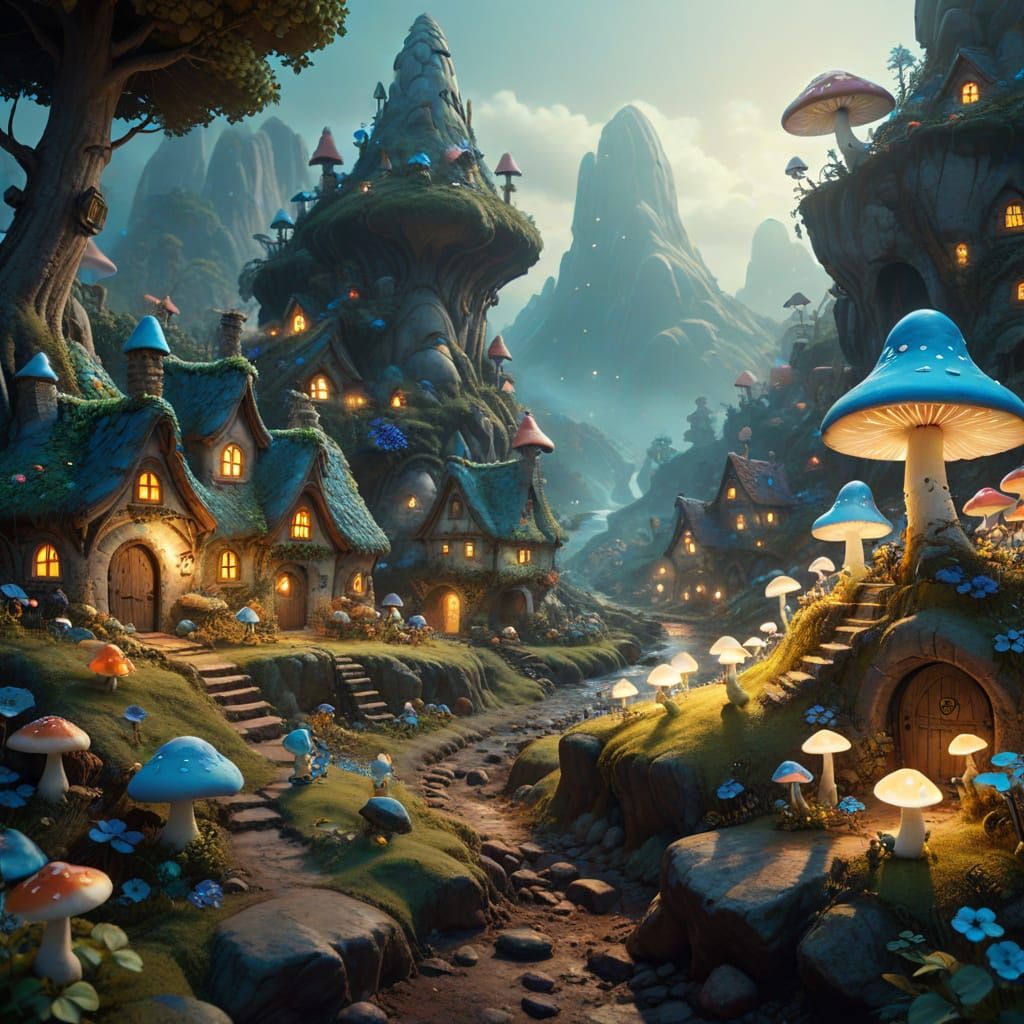 Whimsical Mushroom Village in Peyo Style