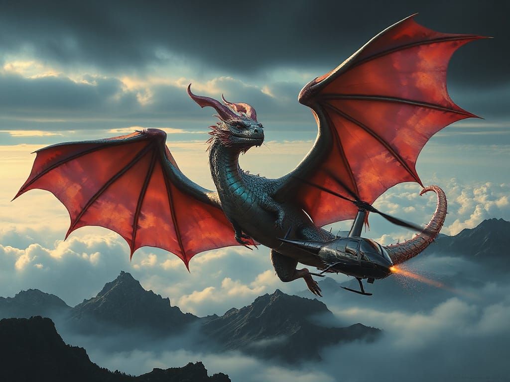 Dragon vs Helicopter: Epic Aerial Combat in Moody Style