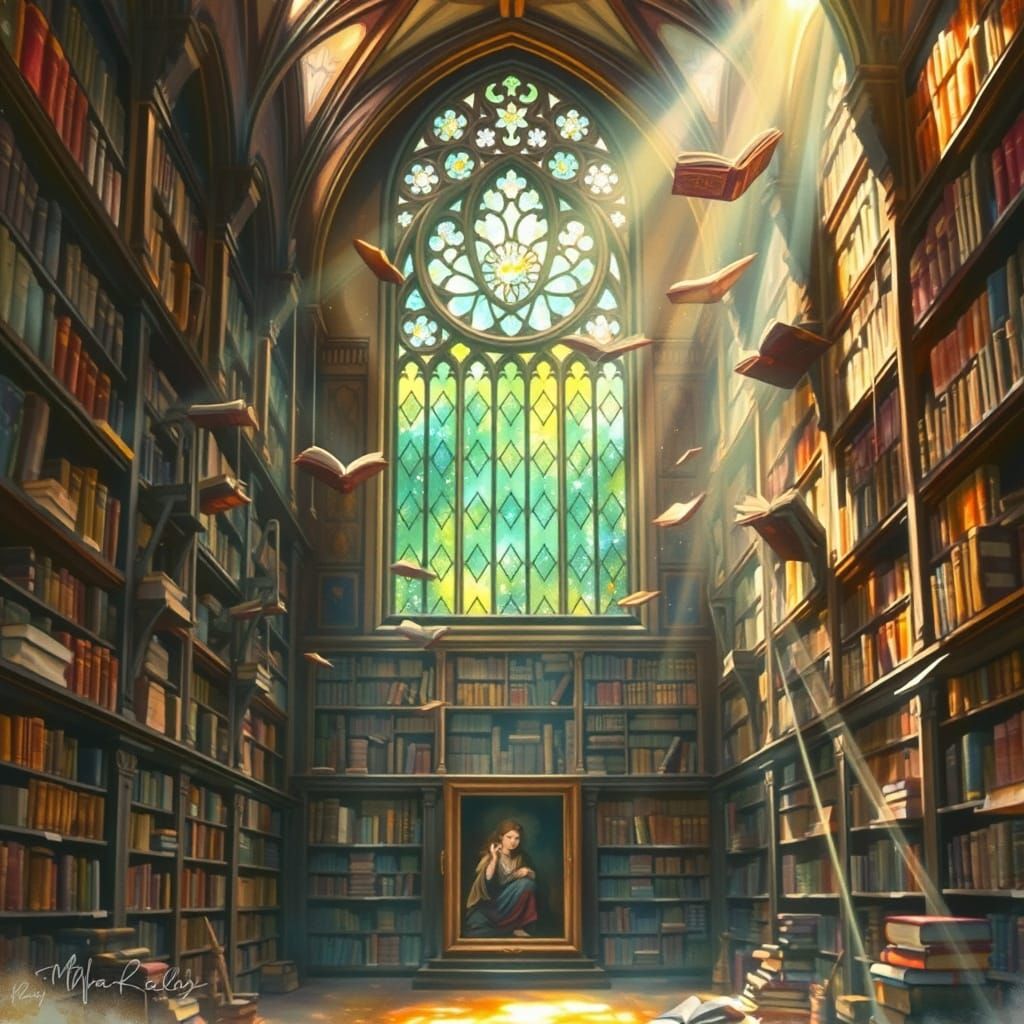 A majestic, ancient library where books float in mid-air, pa...