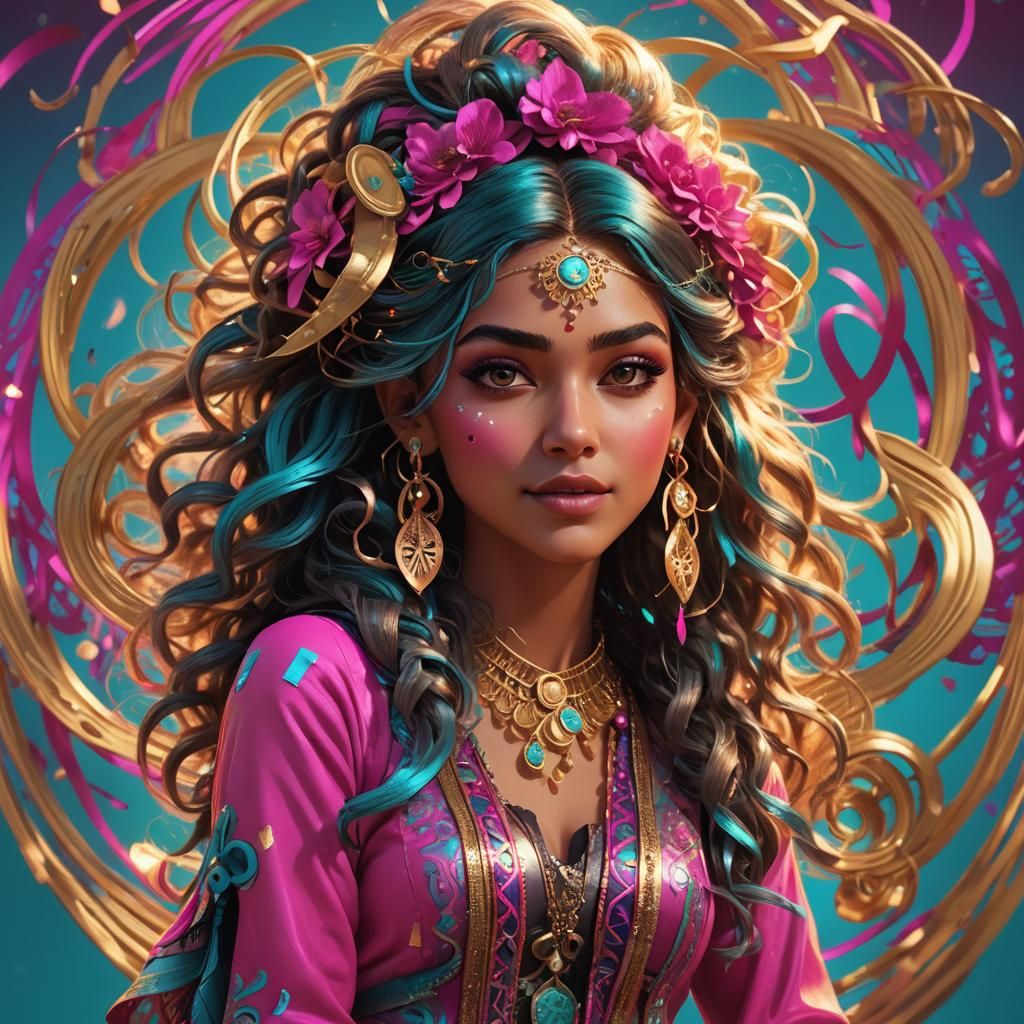 Gypsy Girl with Musical Hair: 3D Digital Art