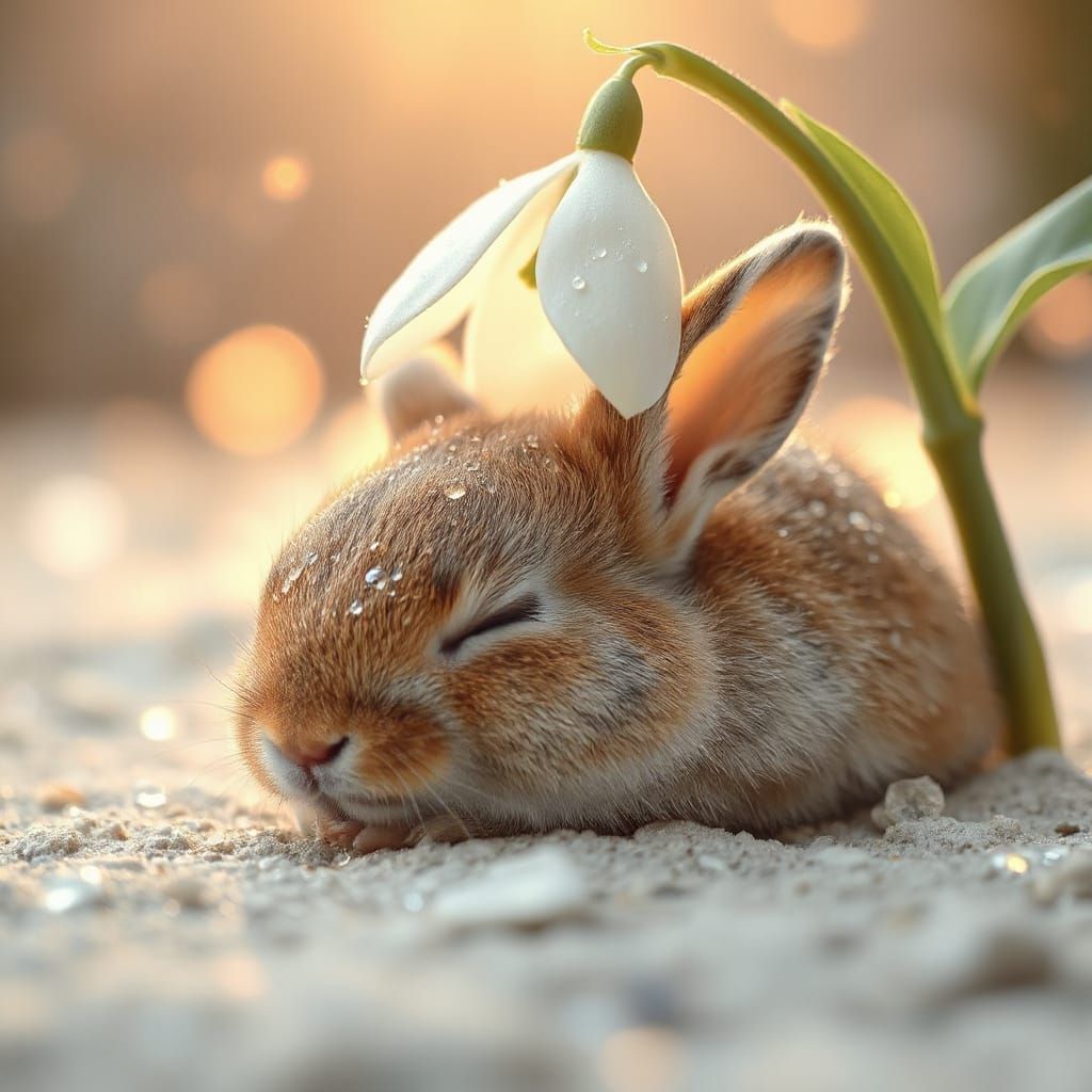 Baby Rabbit Sleeps Under Sparkling Snowdrop in Ethereal Ligh...
