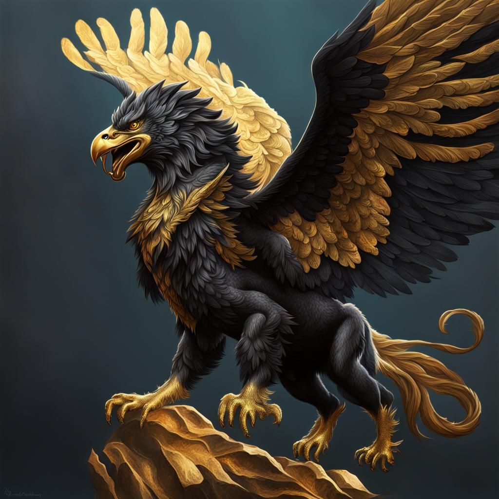 Black and Gold Griffin in Hyperrealistic Splash Art