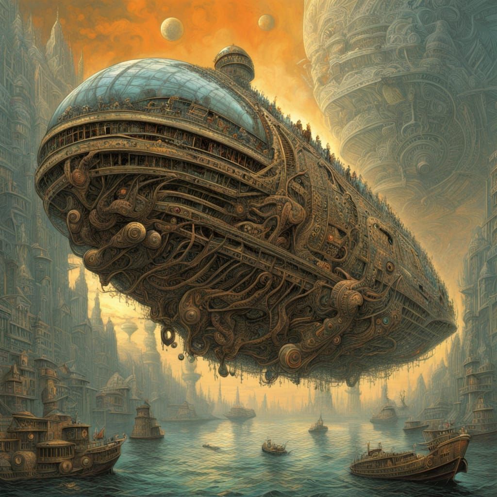 Steampunk Airship Over Alien Moons, Gothic Details