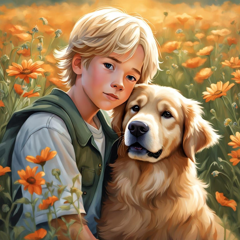 Boy Embraces Golden Retriever in Wildflower Field
