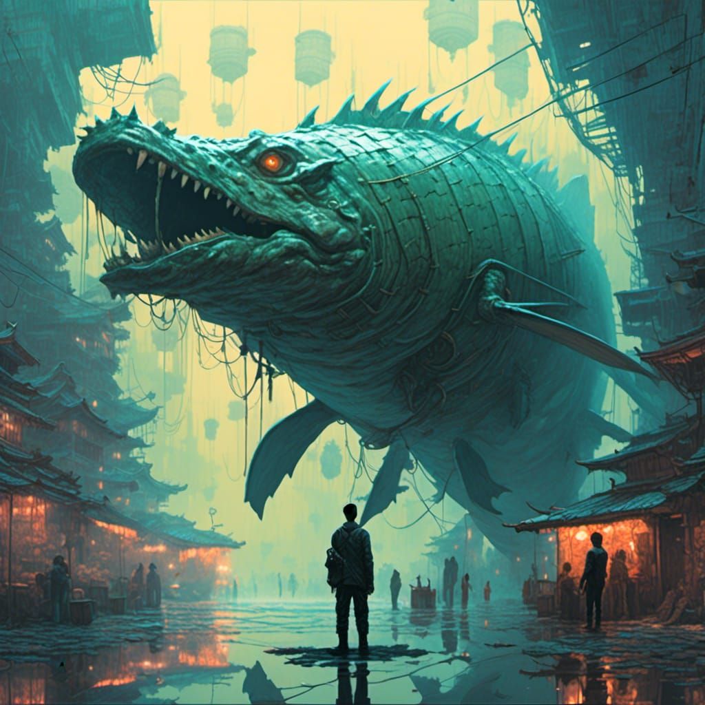 Man and Giant Fish in Cyberpunk Cityscape