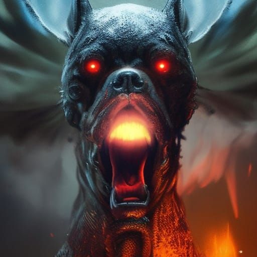Multi-Headed Hellhound in Flames: Dark Fantasy Art