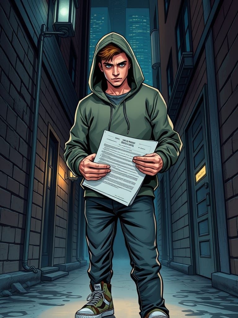 Suspicious Man with Documents in Comic Book Style