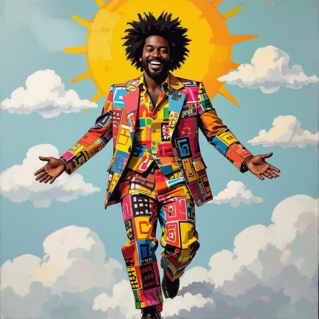 Radiant Elder Walking on Clouds in Modern Art Style