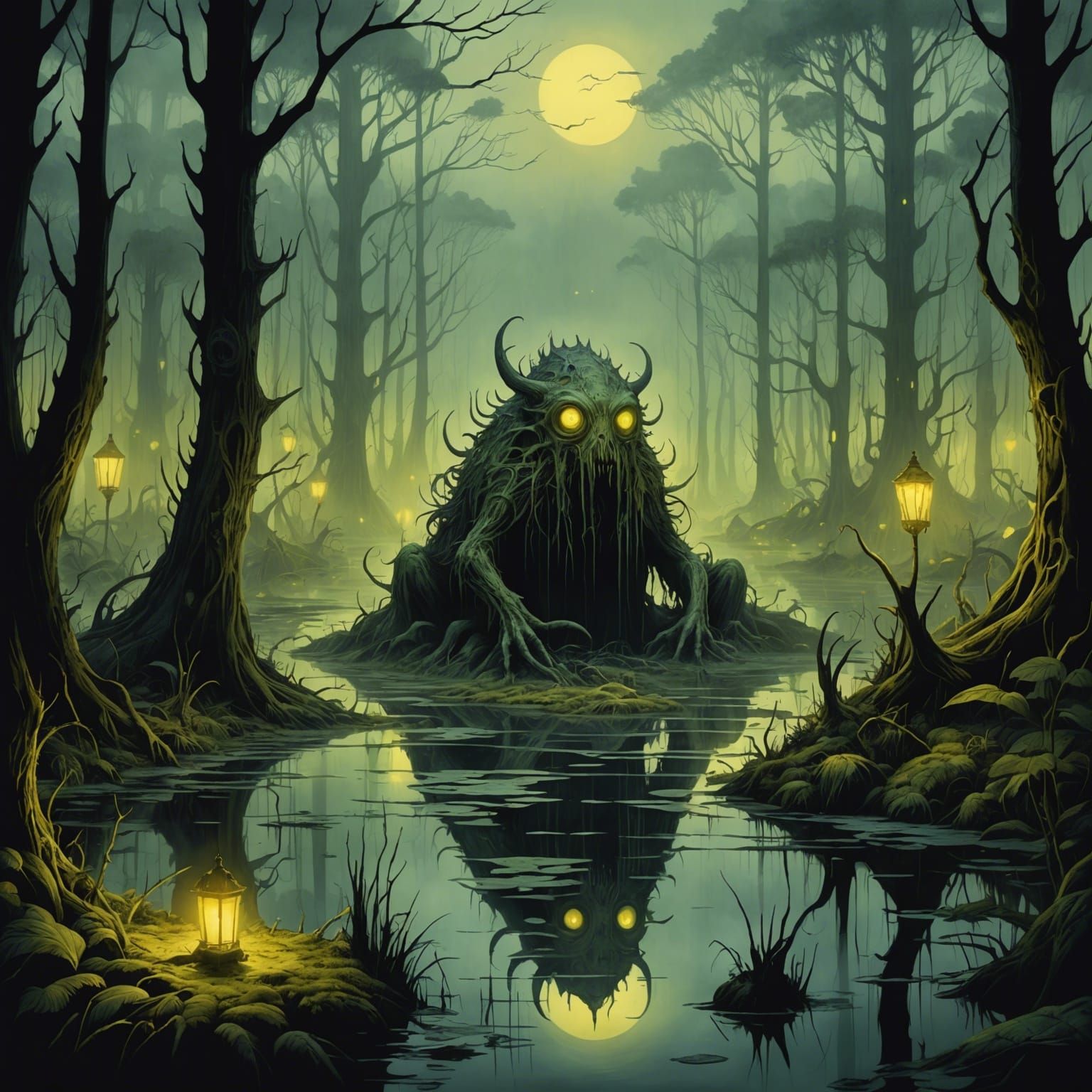 Terrifying Swamp Encounter in Ink Wash Style