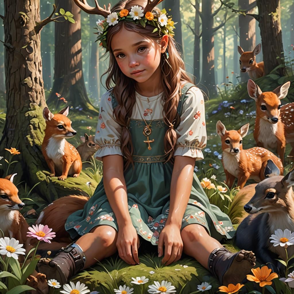 Child Surrounded by Woodland Animals: Hyperdetailed Portrait