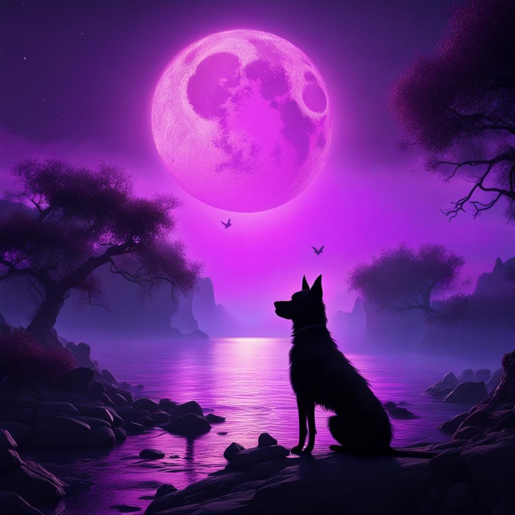 Dog Silhouette with Purple Sky and Moon
