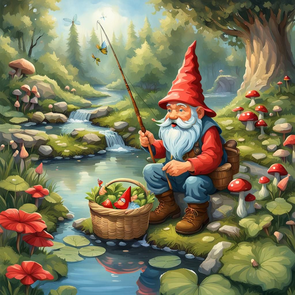 Gnome Fishing at Tranquil Pond with Magical Elements