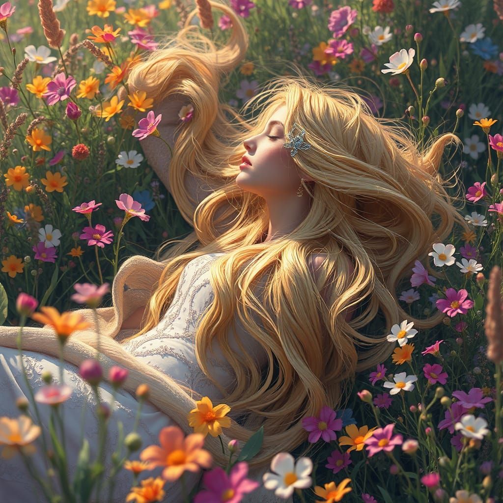 Golden Haired Maiden in Flower Meadow