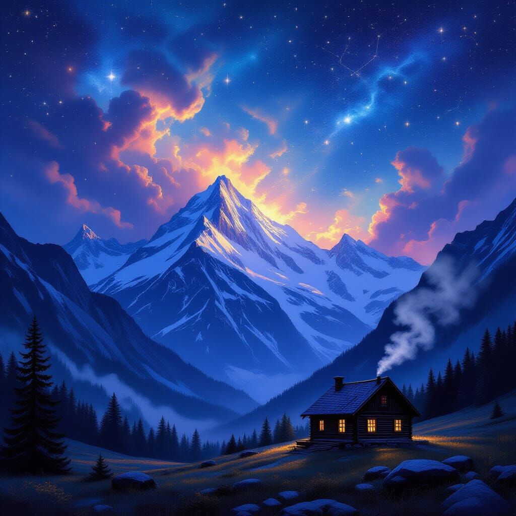 Majestic Mountain Range with Cabin Under Starry Sky