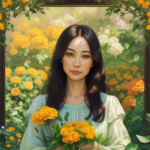 Woman with Marigolds in Impressionist Oil Painting
