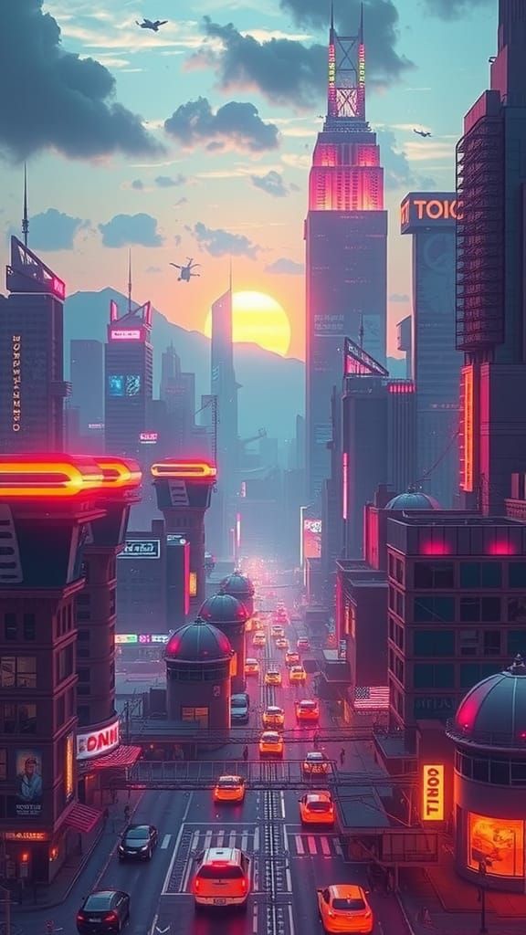 Ethereal Cityscape with Neon Lights in Futuristic Style