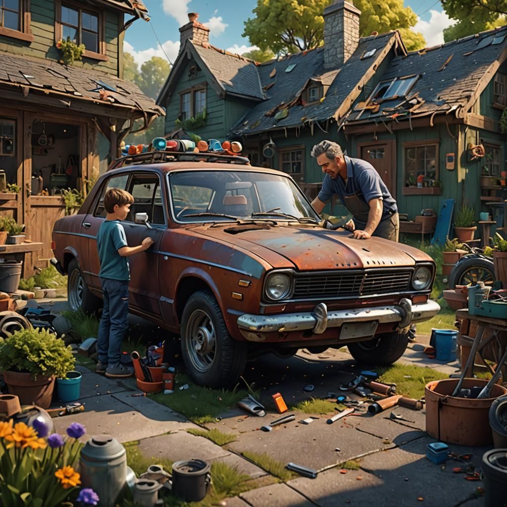 Father and Son Car Repair, 90s Matte Painting