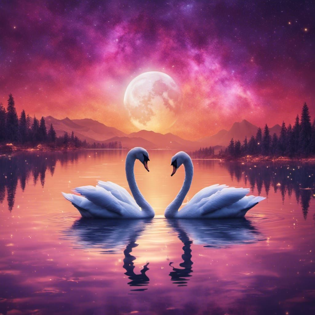 Swans at Sunset Under Aurora Borealis