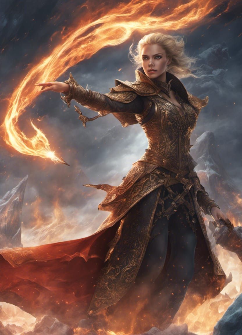 Sorceress Creates Ice Wall Against Fire, Digital Art
