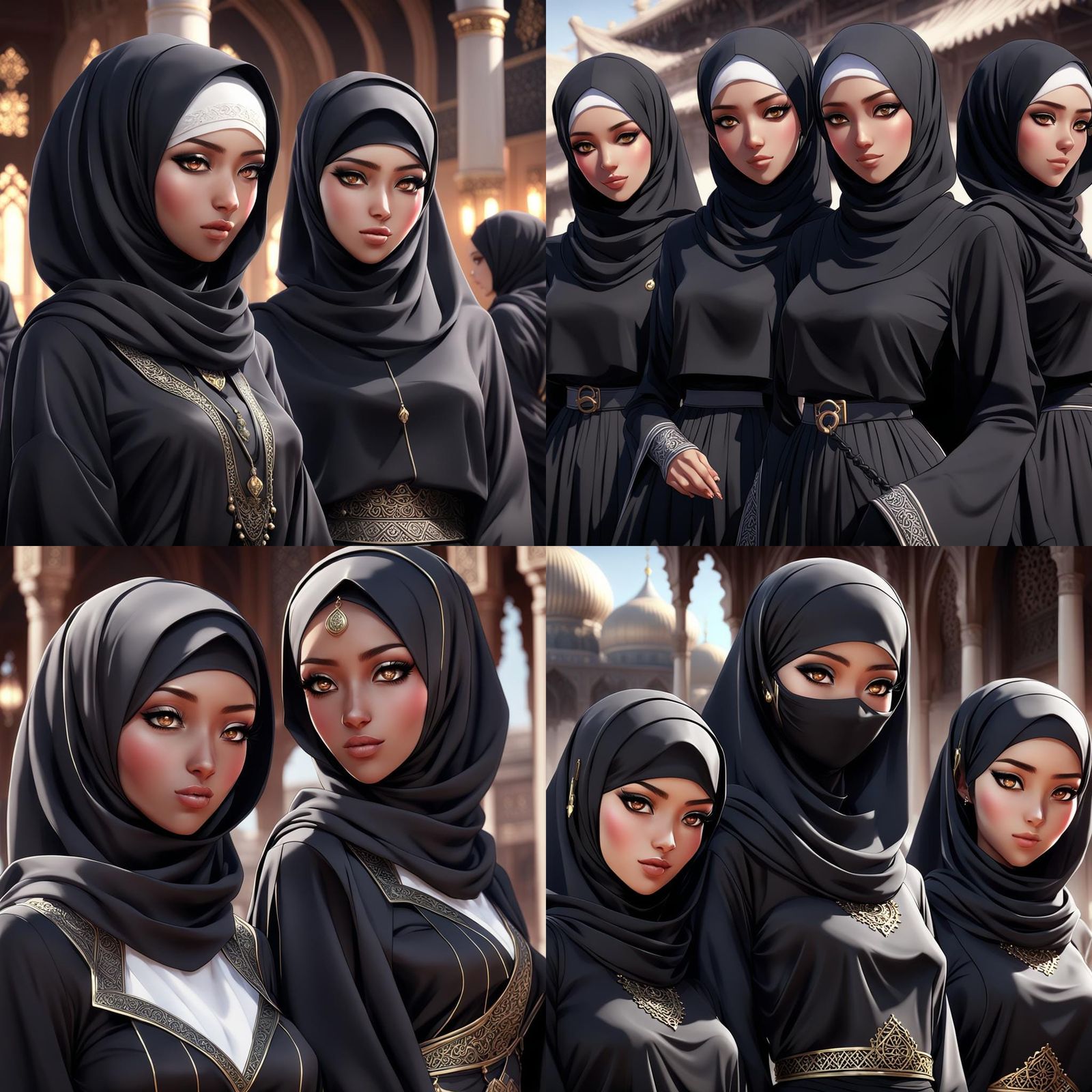 Anime-Style Women in Black Hijab: 3D Digital Art