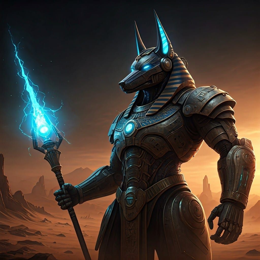 Mechanized Anubis Sentinel in Desert Night