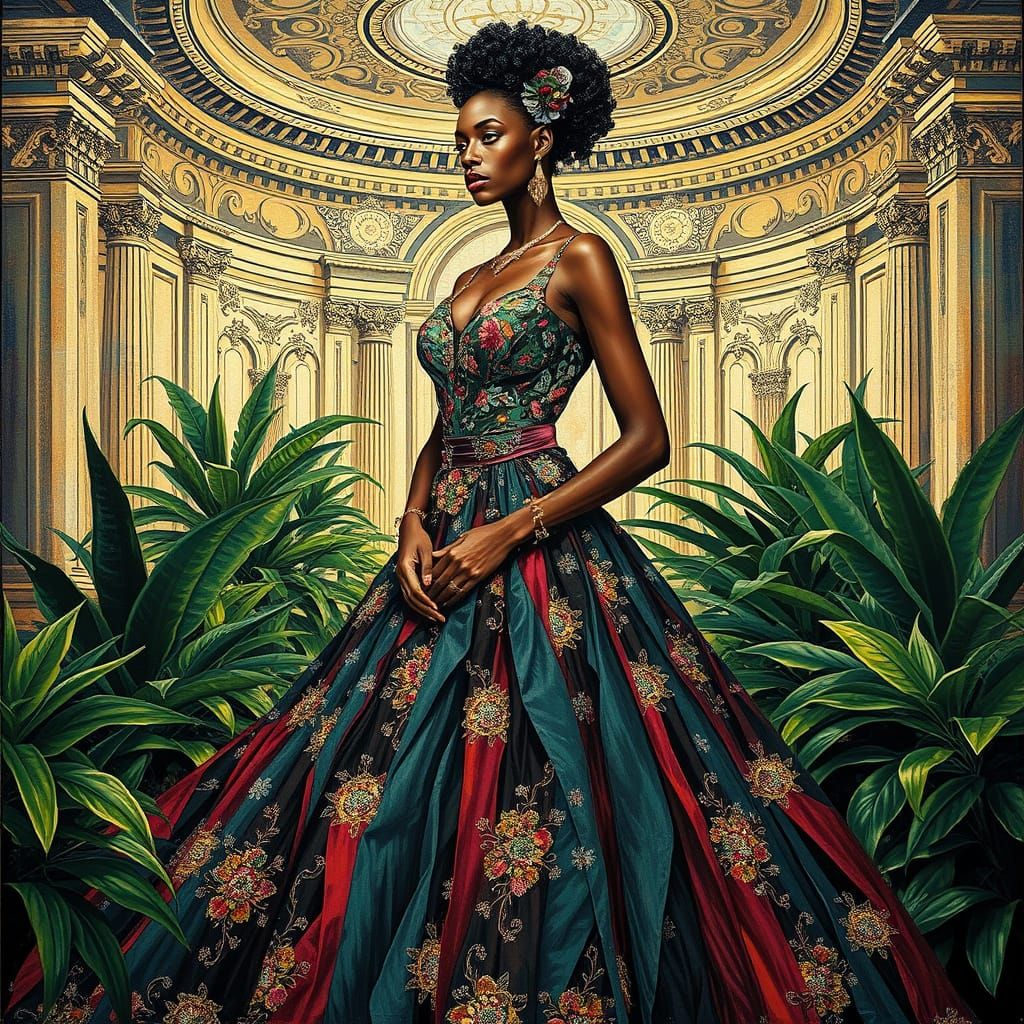 Sophisticated Woman in Lavish Ballgown, Amidst Ornate Archit...