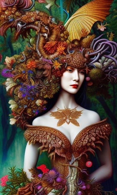Dragon-Woman Transhumanism in Forest, Detailed Art