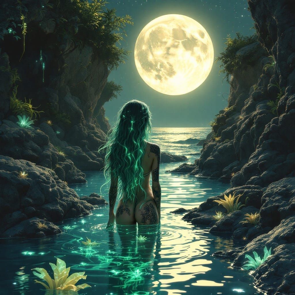 Ethereal Goddess in Emerald Hair, Glowing Tattoos, and Moonl...