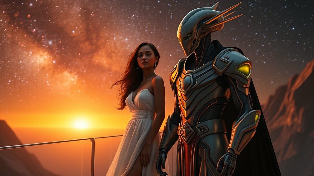 Alien Emperor Overlooking Galaxy in Romantic Sci-Fi Style