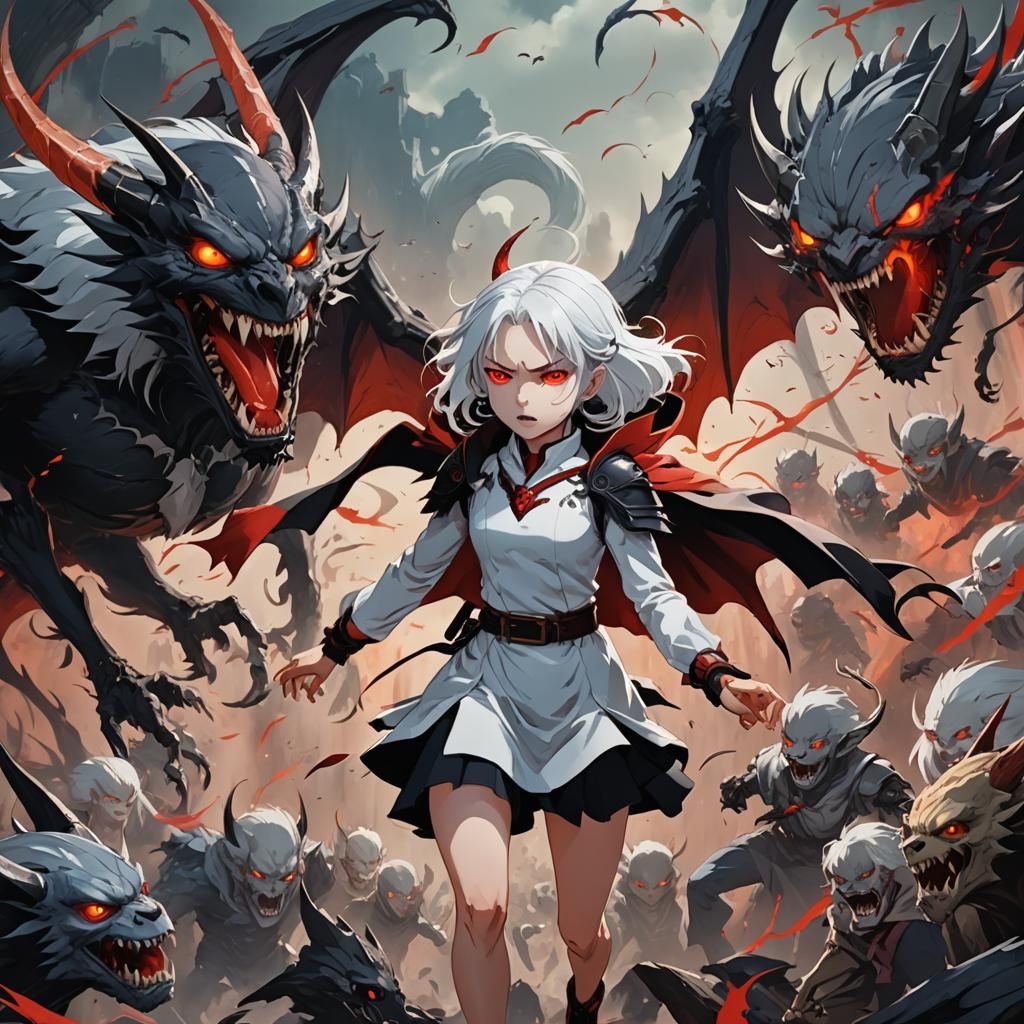 Winged Vampire Child Battles Monster: Anime-Style Digital Ar...