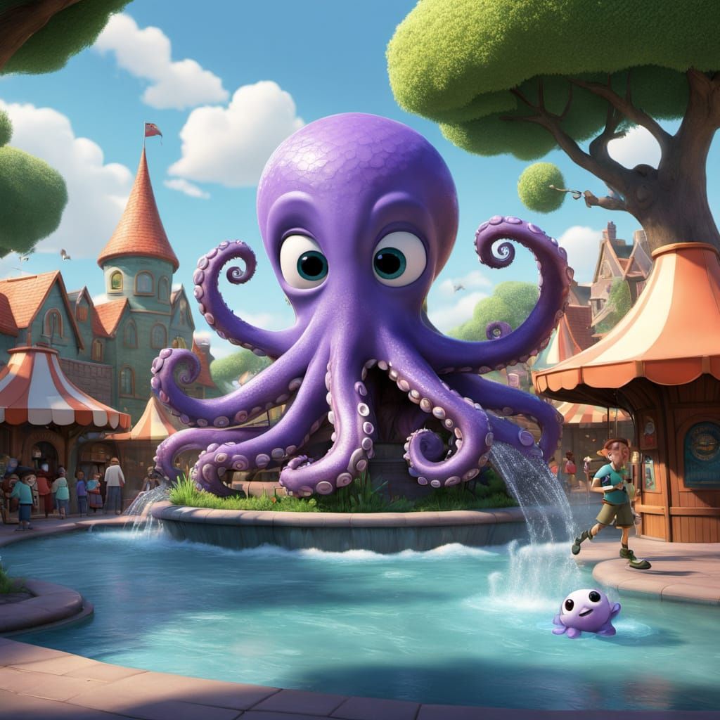 Cartoon Octopus Fountain at Water Park as Pixar Animation