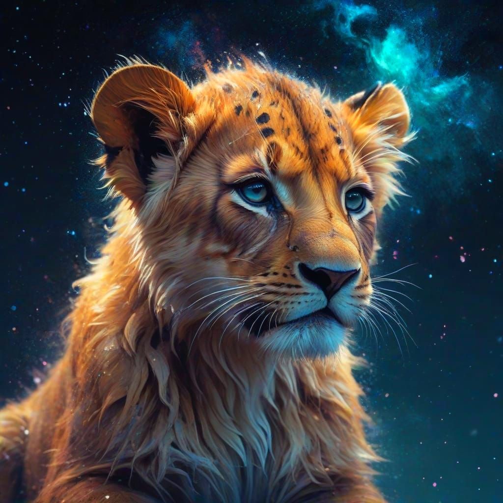 Surreal Cosmic Lion Cub Basks in Nebulae and Starlight