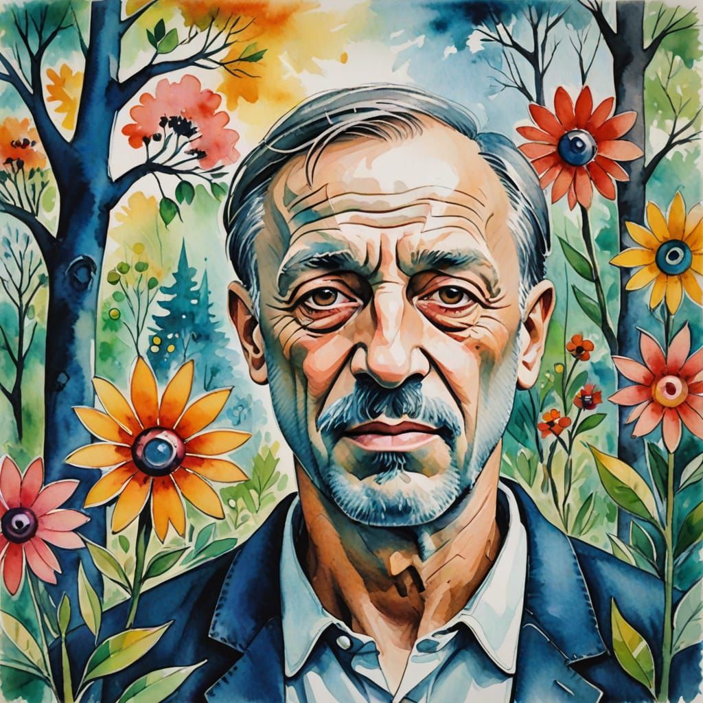 Abstract Watercolor Painting with Man Making Funny Face