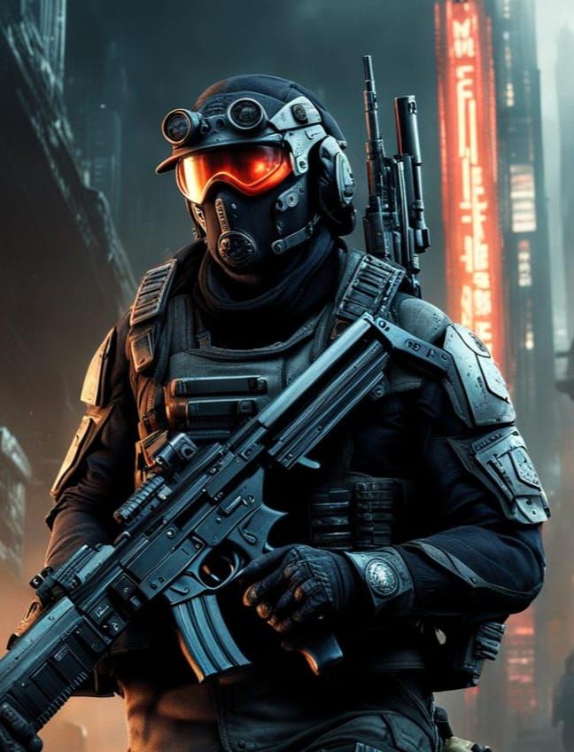 Cyberpunk Mercenary Cyborg in Dark Future City