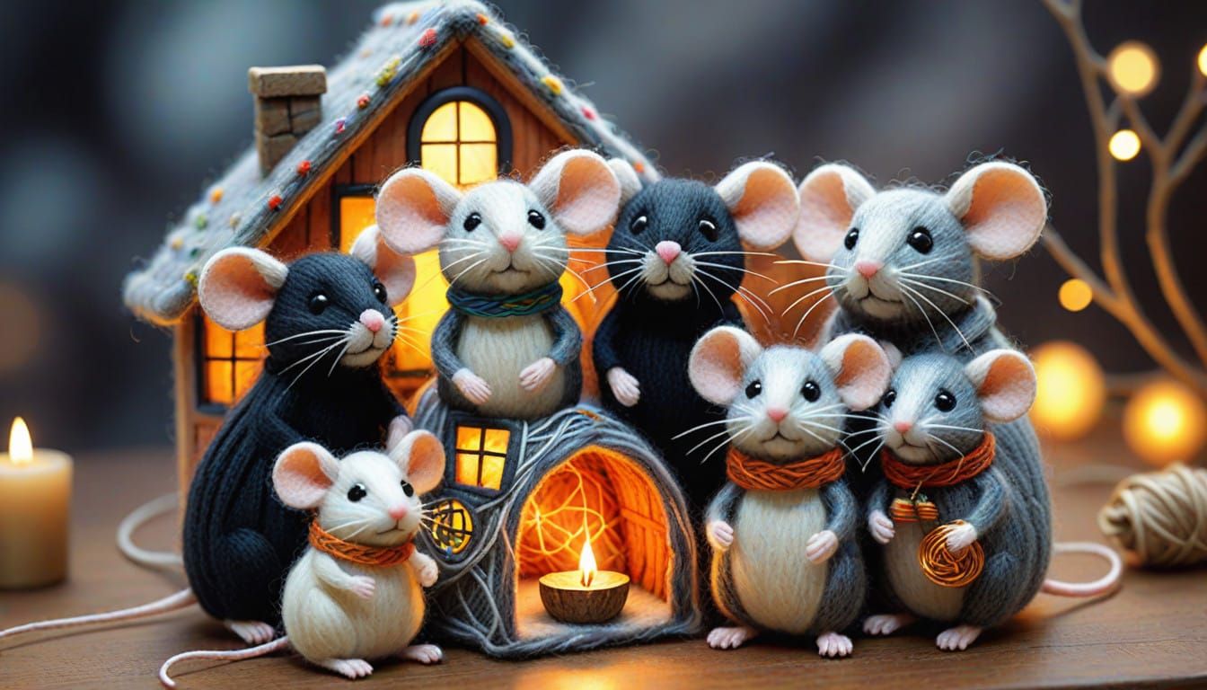 Cheerful Mouse Family in a Vibrant Felted Wool Home
