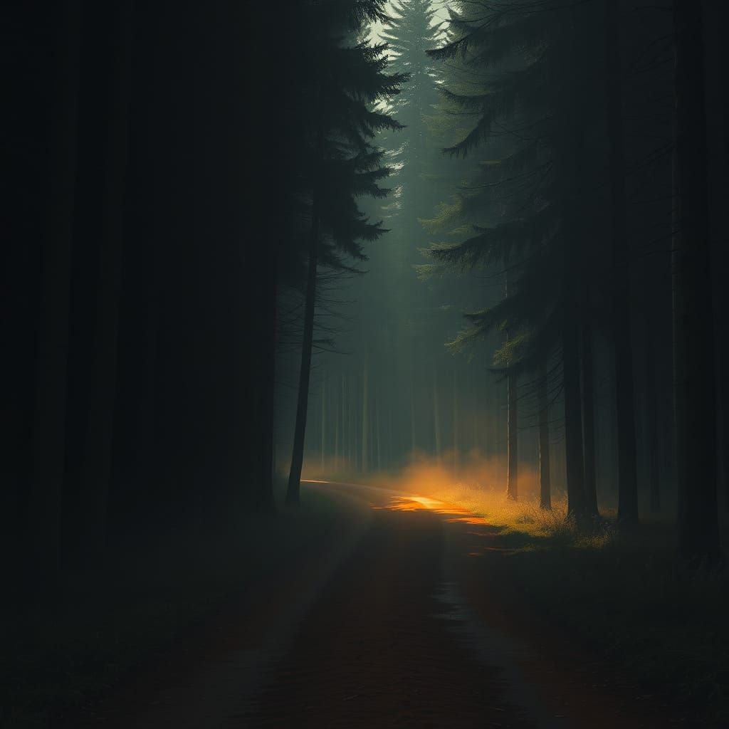 Ominous Road Disappearing into Shadowy Forest