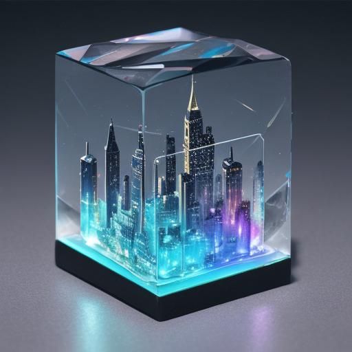 Futuristic Crystal City in Glass Cube