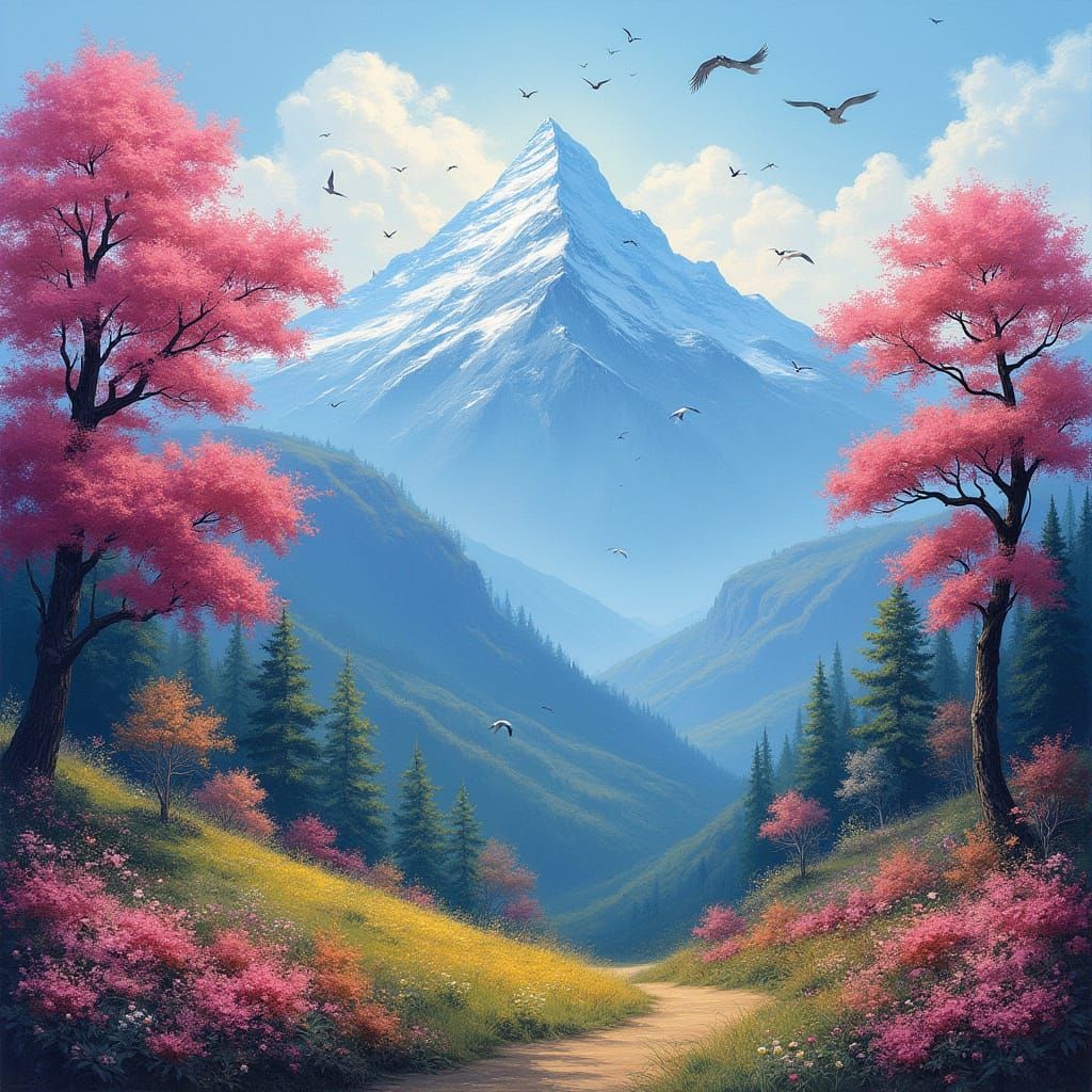 Vibrant Mountain Landscape with Blooming Roses and Flying Bi...