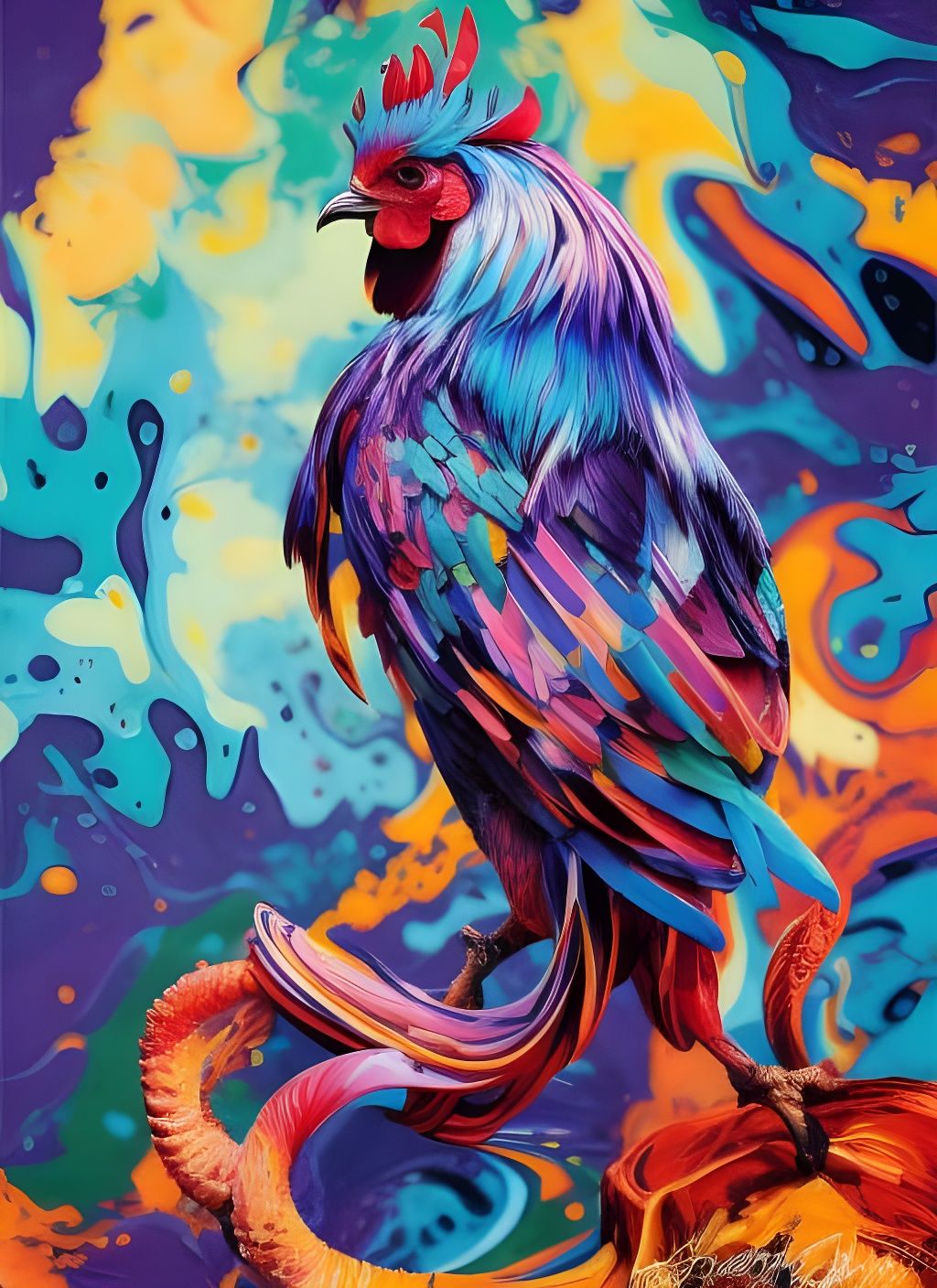 Badass Rooster Portrait in Gouache and Oil