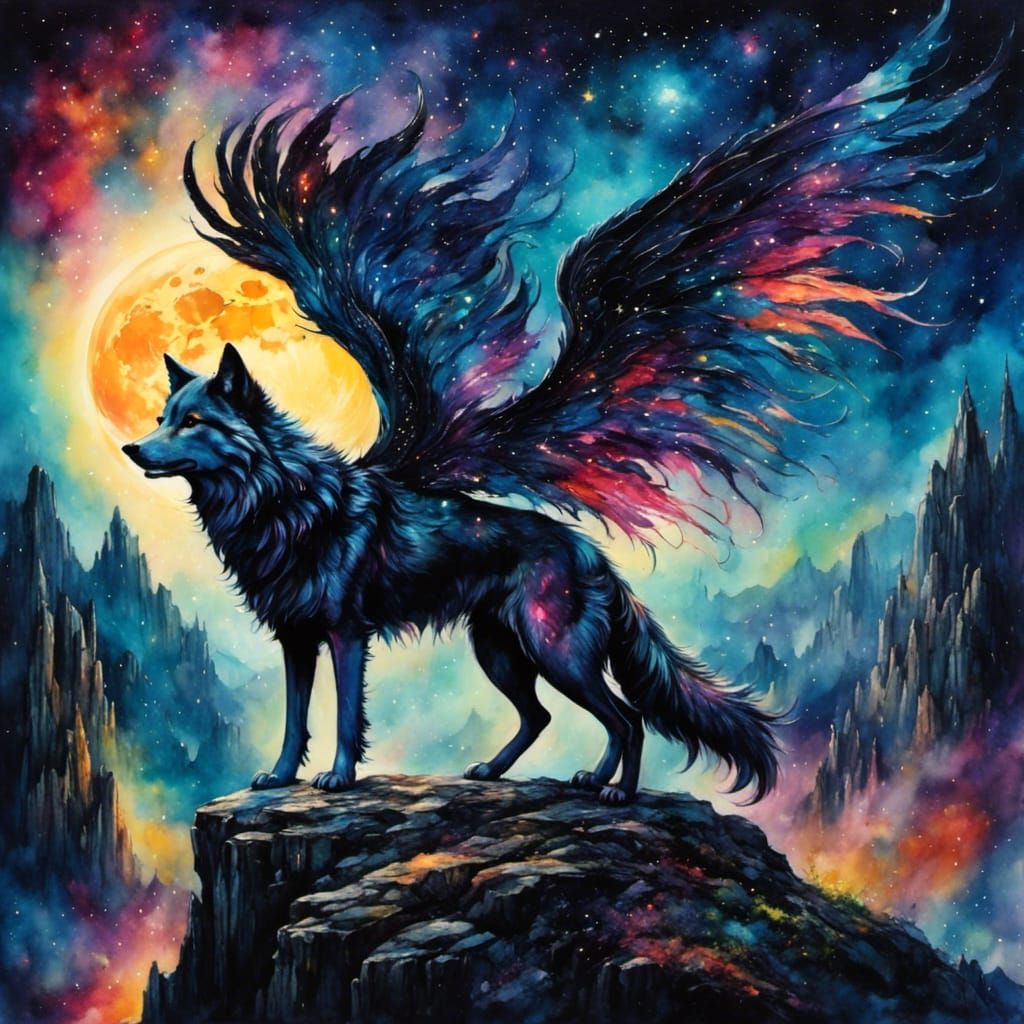 Evil Fairy Wolf Howling at Moon in Gothic Art