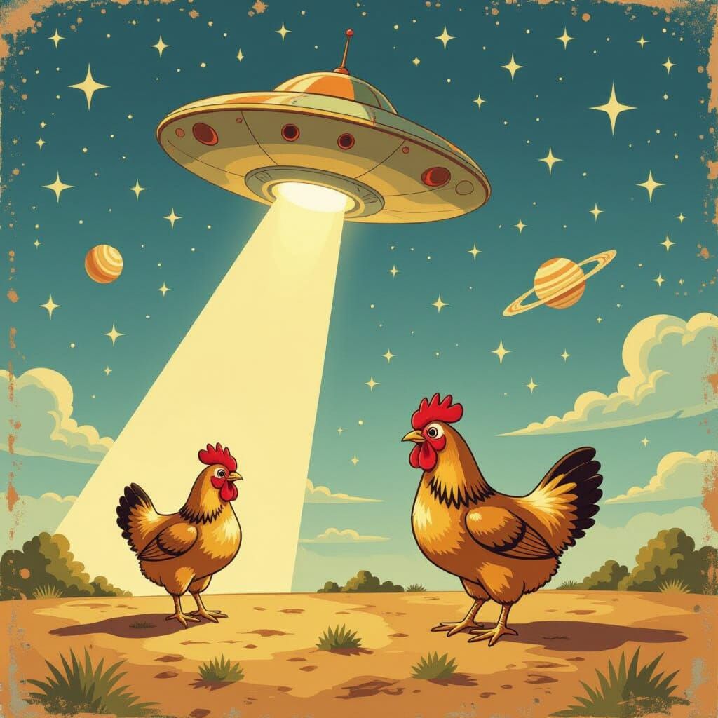 Surreal UFO Abducts Chicken in Dali-Inspired Art Style