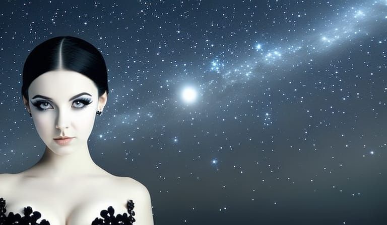 Gothic Girl Gazing at Surreal Starry Sky