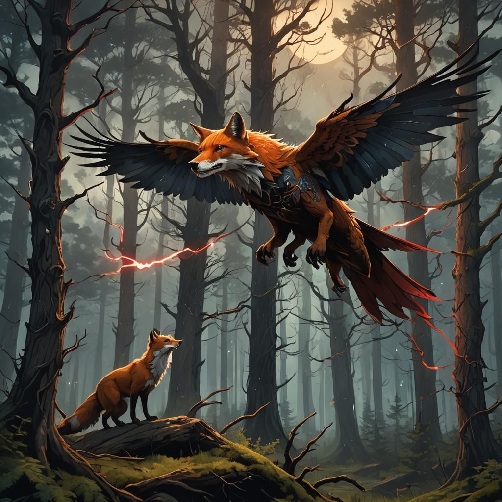 Fox-Kite Hybrid in Dark Fantasy Forest