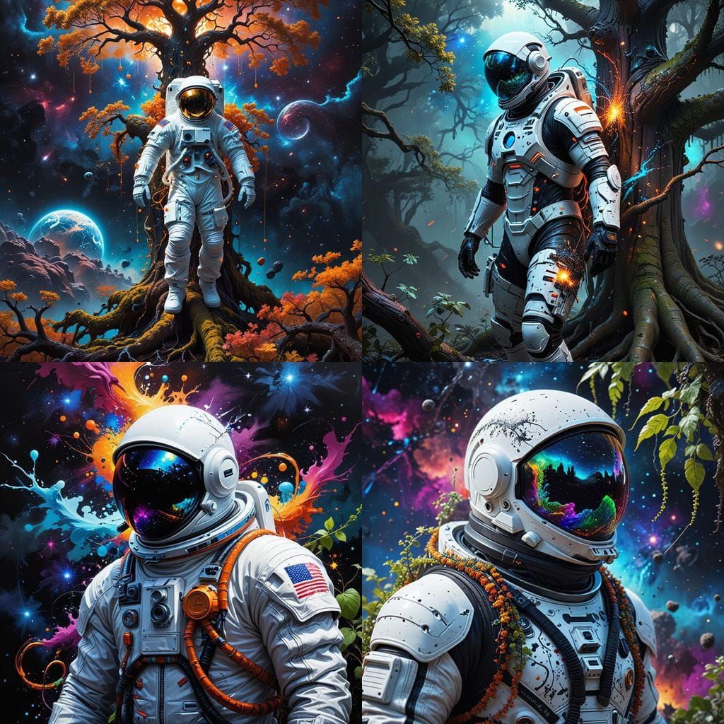 Astronaut in Space Reflecting Ancient Tree