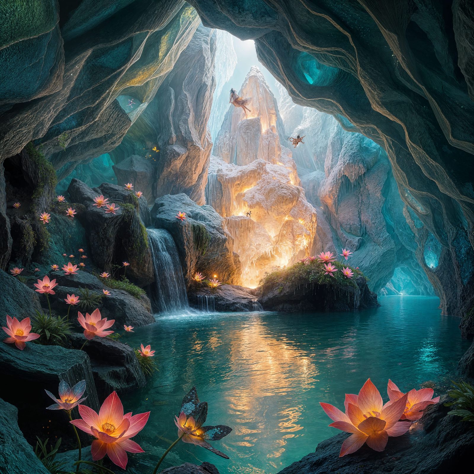 Bioluminescent Oasis in Crystalline Cave